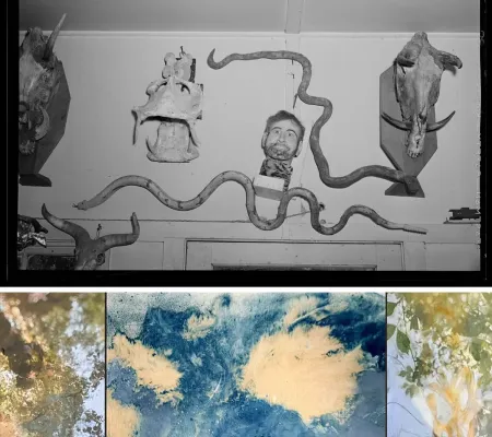 montage of photograph by Russell Lee of Homer Tate's studio and painting by Heather Bird Harris