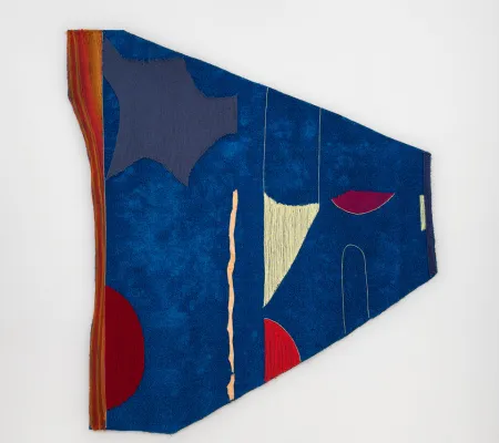 "I'll Dig," 2024 yarn, buckskin and astroturf 76.5 x 70.5 inches, by artist Teresa Baker