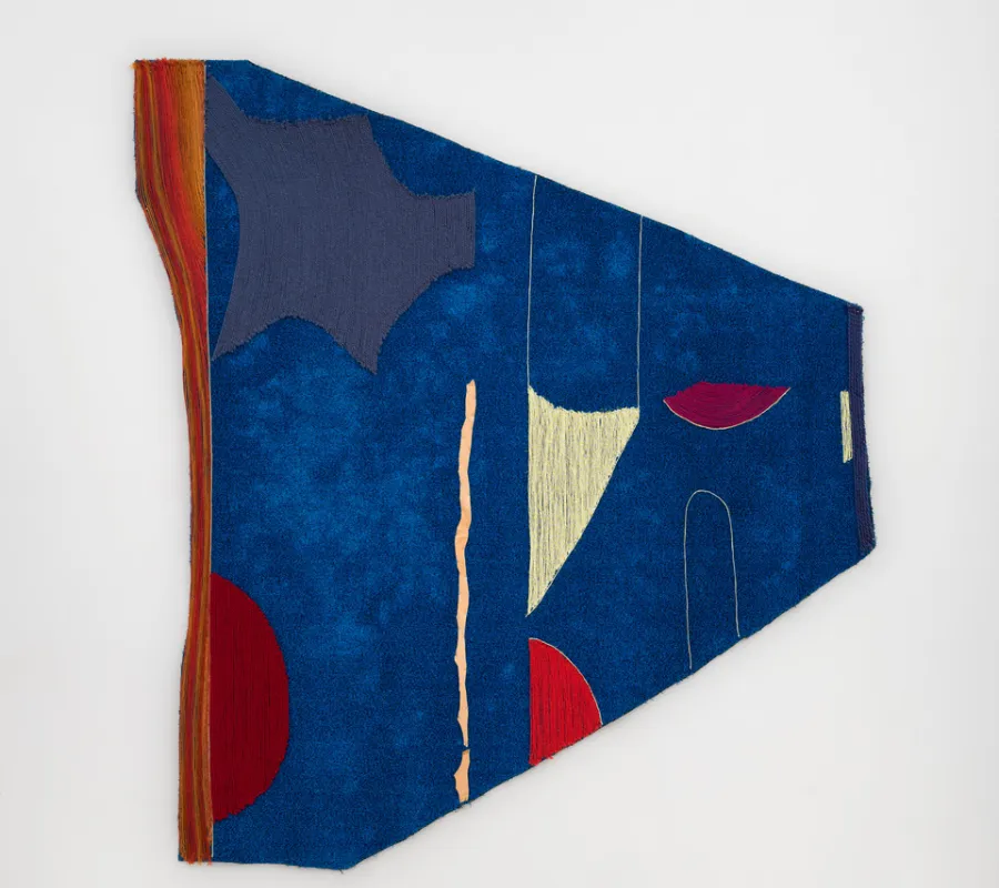"I'll Dig," 2024 yarn, buckskin and astroturf 76.5 x 70.5 inches, by artist Teresa Baker