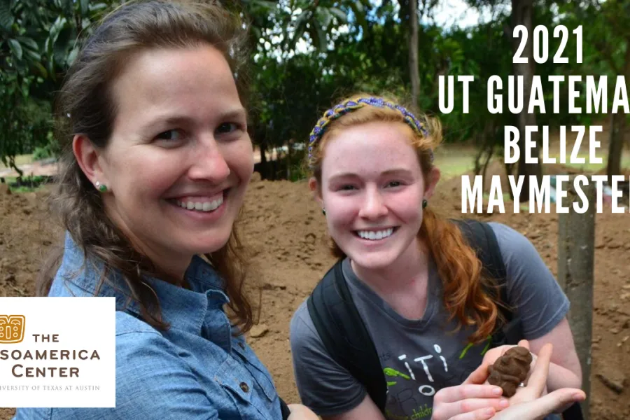 Maymester in Guatemala and Belize from University of Texas at Austin Global study abroad program led by faculty into cultural heritage and art seen here with faculty and student